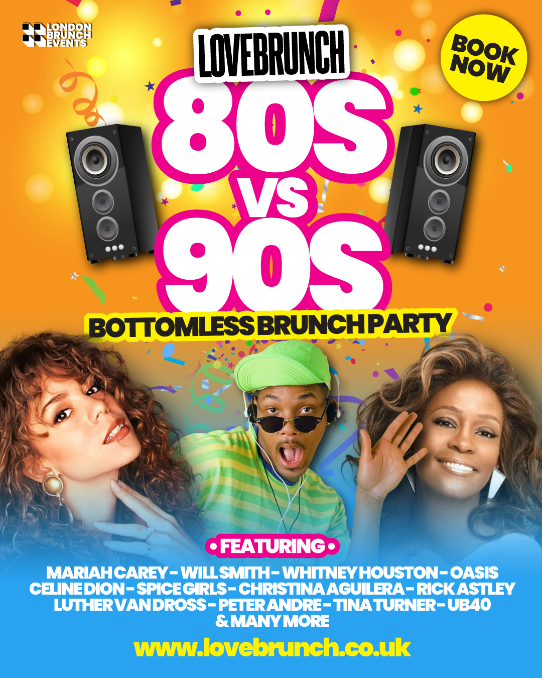 Promotional poster for an '80s vs 90s Bottomless Brunch Party' featuring three people and text about the event.