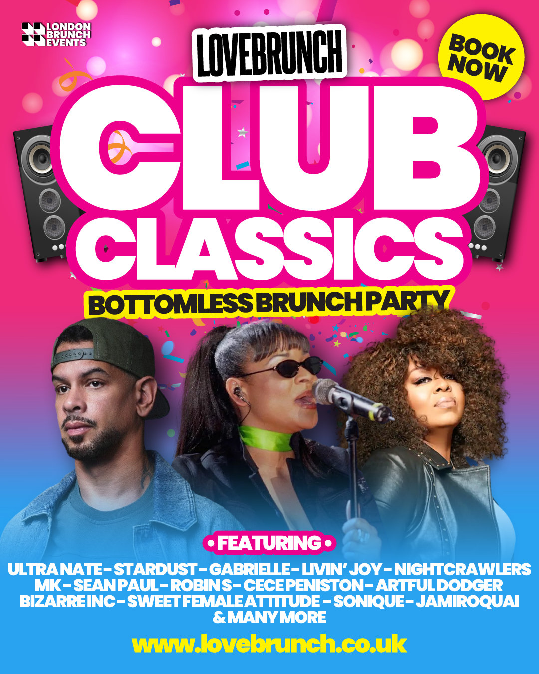 Promotional poster for a 'Club Classics' bottomless brunch party featuring Lovebrunch.