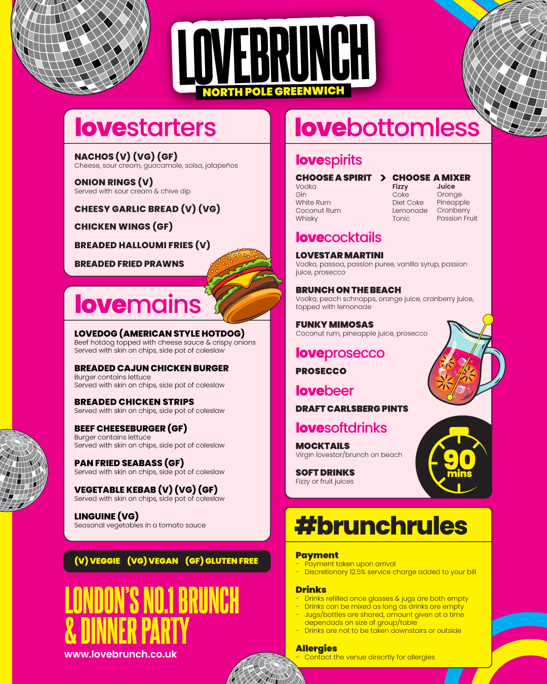 Menu for Lovebrunch with pink background and disco ball elements