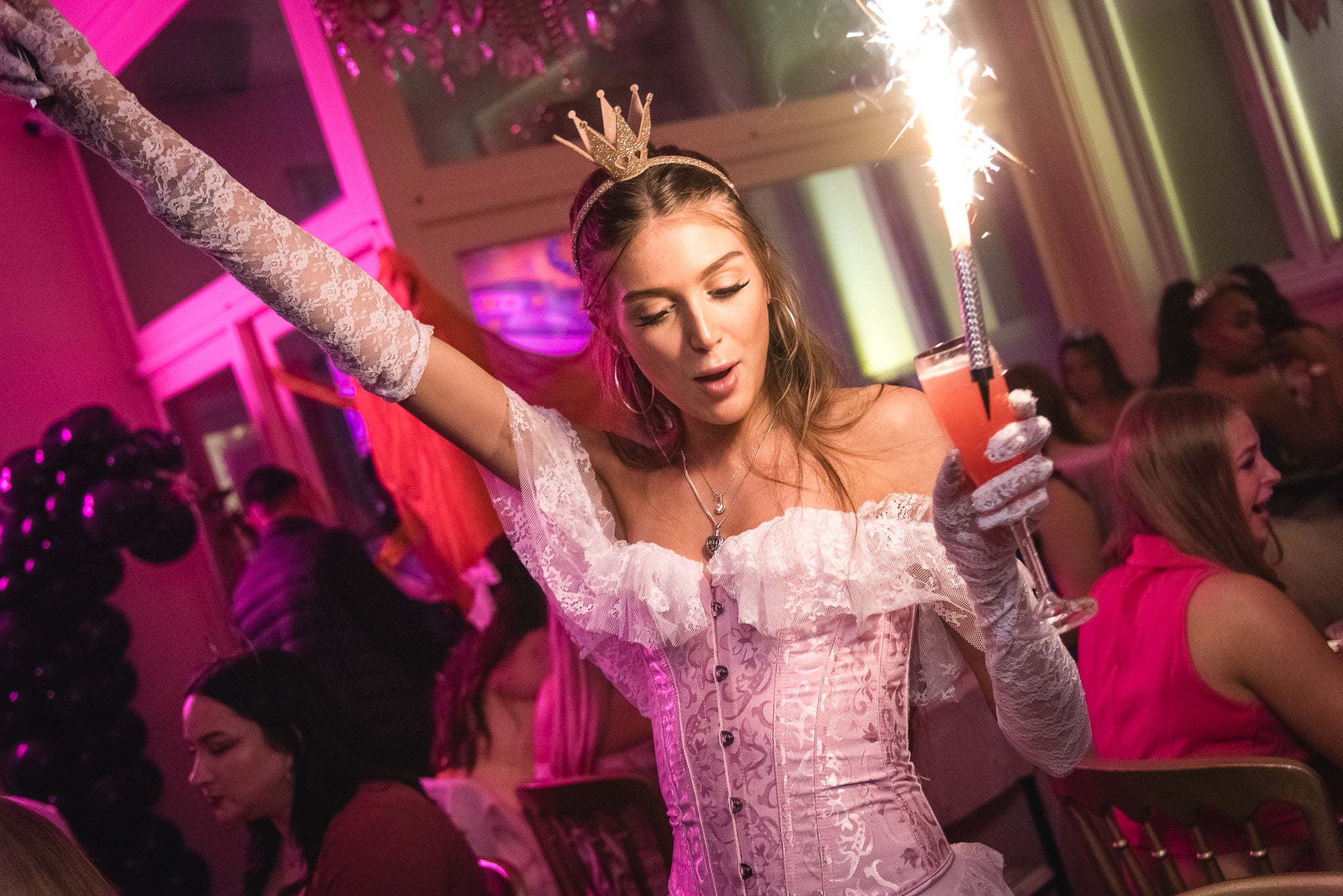 Birthday celebration with girl dressed as princess at Halloween event