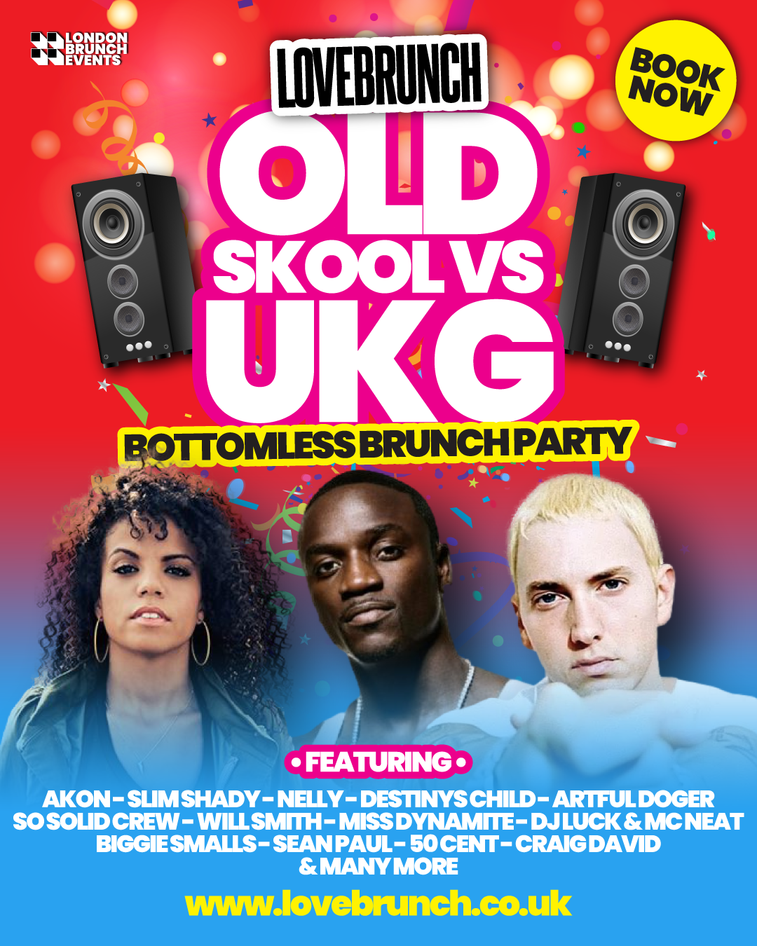 Promotional poster for a 'Lovebrunch' event featuring Old Skool vs UKG music genres with three people on a colorful background.
