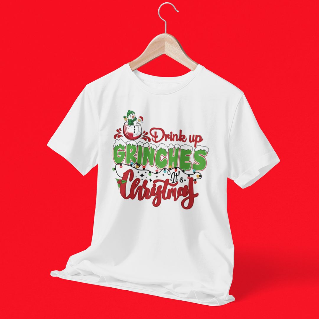 Drink Up Grinches Graphic Printed Christmas T-Shirt