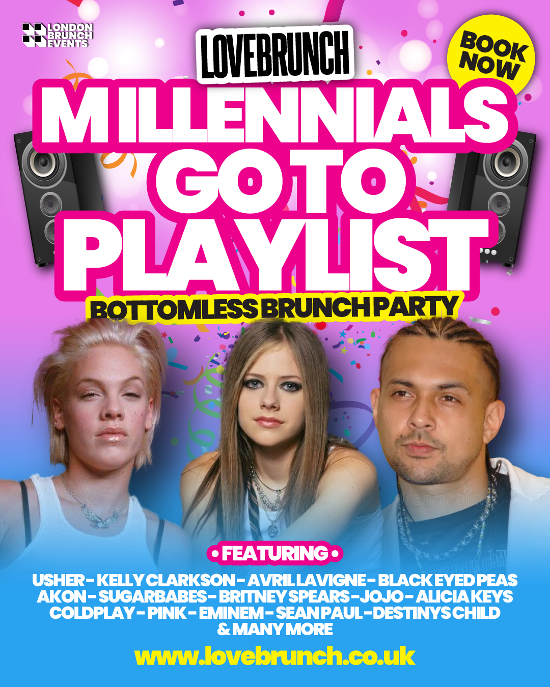 Promotional poster for a brunch party featuring a playlist of popular artists with a colorful design.