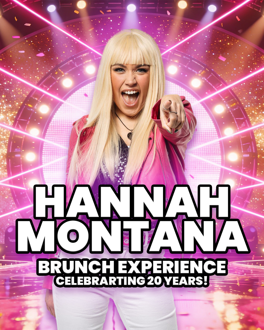 Promotional event poster for Hannah Montana bottomless brunch experience in London with a person in a pink jacket against a vibrant background.