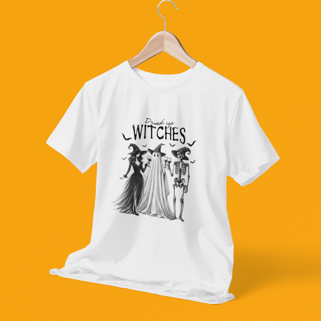 Drink Up Witches Monochrome Halloween White T-Shirt