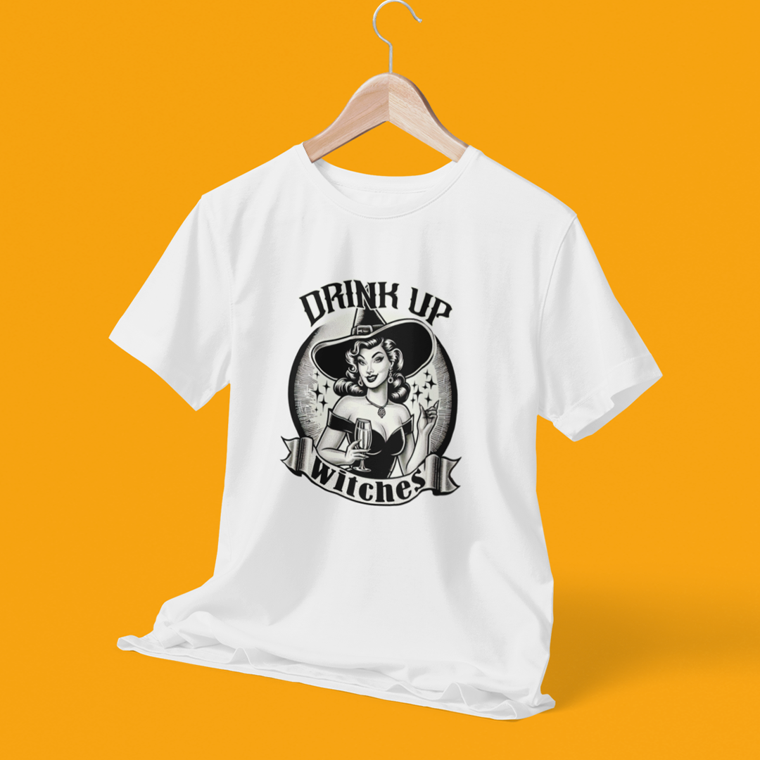 Drink Up Witches Graphic Halloween White T-Shirt