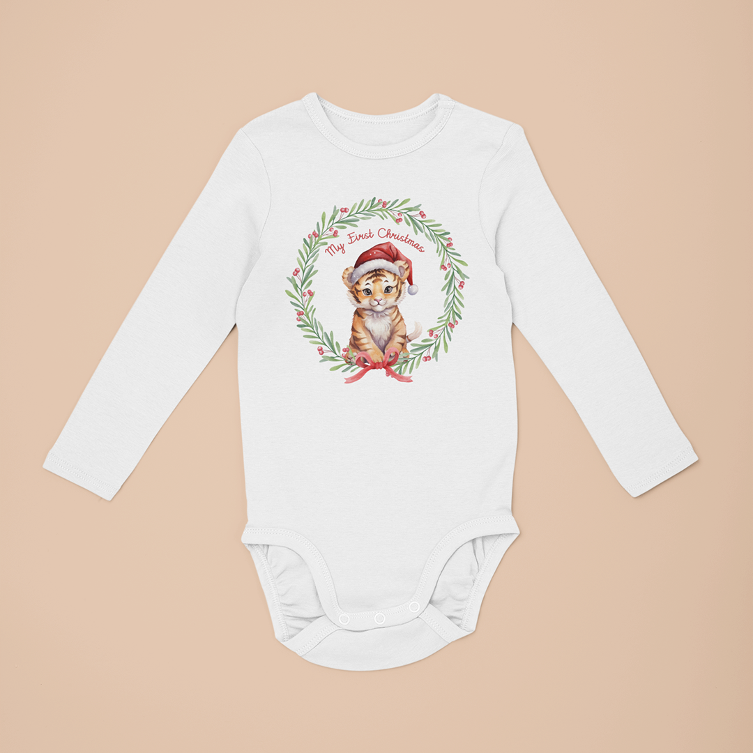 My 1st Christmas Tiger Printed Christmas Long Sleeve Baby Vest
