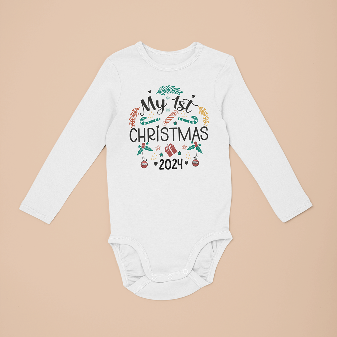 My 1st Christmas 2024 Printed Christmas Long Sleeve Baby Vest