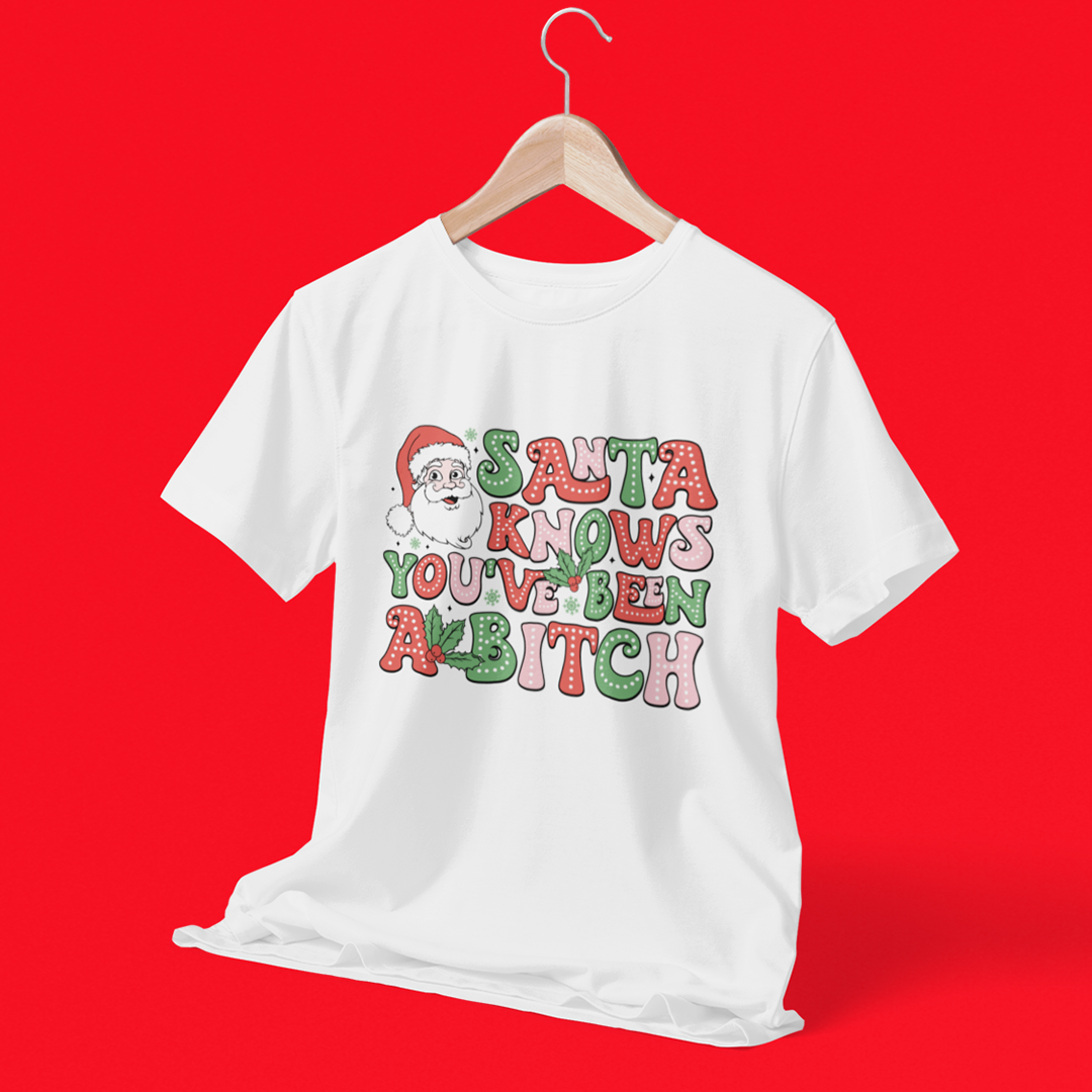 Santa Knows You've Been A Bitch Graphic Printed Christmas T-Shirt