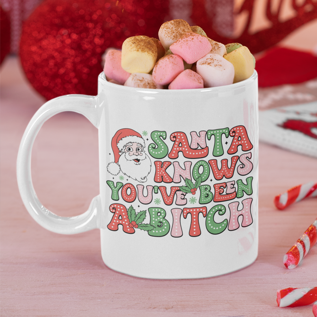 Santa Knows You've Been A Bitch Graphic Printed Christmas Mug
