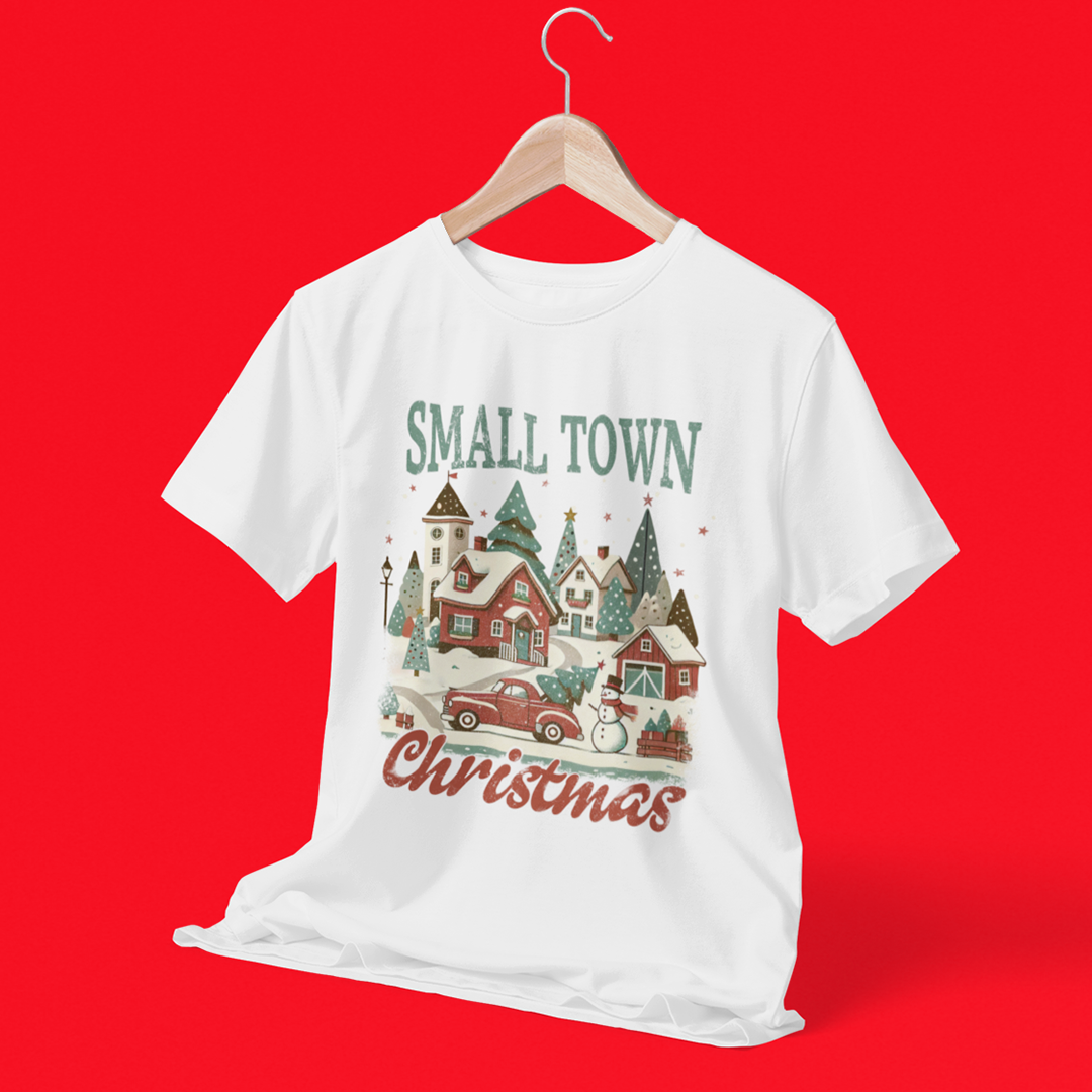 Small Town Christmas Vintage Graphic Printed White T-Shirt